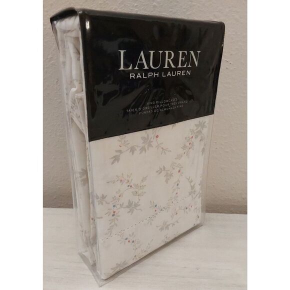 Ralph Lauren CAROLYNE VINE White Grey Floral Cotton King Pillowcases 2-Pack - Picture 3 of 10